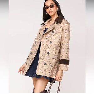 Avec Les Filles Tan Autumn Ditsy Floral Trench Coat Medium